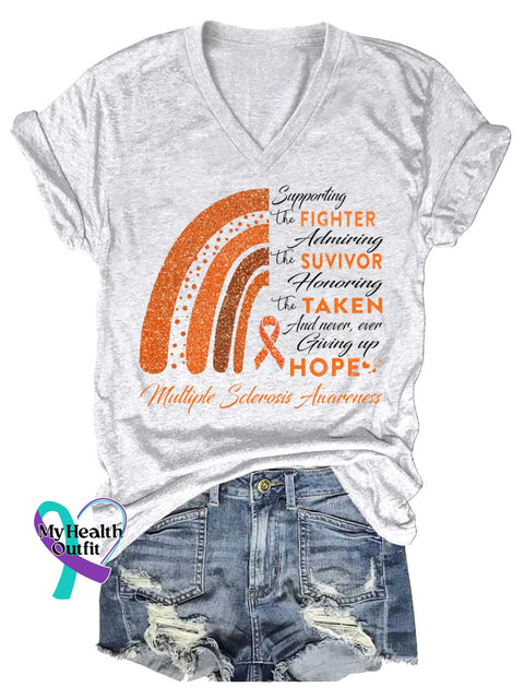 Women’s Ms Awareness Multiple Sclerosis Warrior Multiple Sclerosis Orange Ribbon V-neck Casual T-Shirt White / S