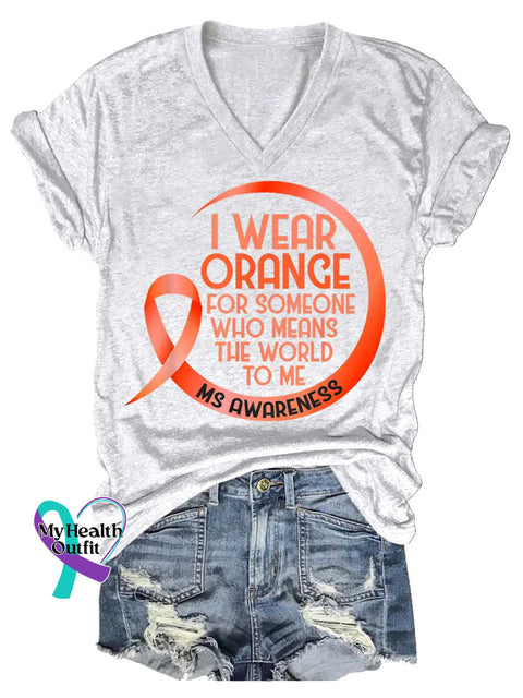 Women’s Ms Awareness Multiple Sclerosis Warrior Multiple Sclerosis Orange Ribbon V-neck Casual T-Shirt White / S
