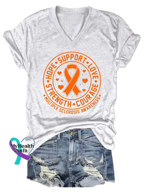 Women’s Ms Awareness Multiple Sclerosis Warrior Multiple Sclerosis Orange Ribbon V-neck Casual T-Shirt White / S