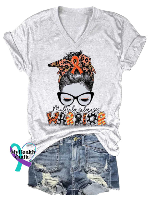 Women’s Ms Awareness Multiple Sclerosis Warrior Multiple Sclerosis Orange Ribbon V-neck Casual T-Shirt White / S