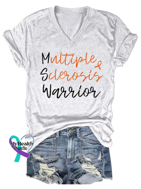 Women’s Ms Awareness Multiple Sclerosis Warrior Multiple Sclerosis Orange Ribbon V-neck Casual T-Shirt White / S
