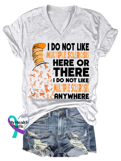 Women’s Ms Awareness Multiple Sclerosis Warrior Multiple Sclerosis Orange Ribbon V-neck Casual T-Shirt White / S