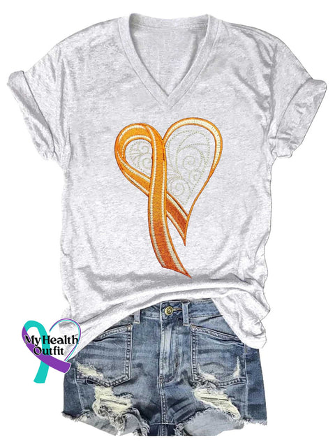 Women’s Ms Awareness Multiple Sclerosis Warrior Multiple Sclerosis Orange Ribbon V-neck Casual T-Shirt White / S