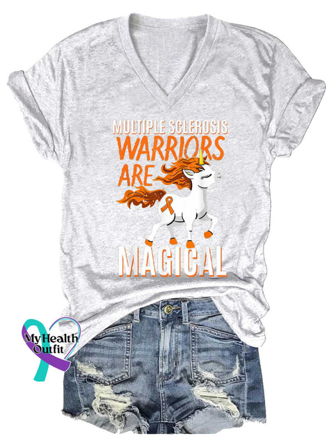 Women’s Ms Awareness Multiple Sclerosis Warrior Multiple Sclerosis Orange Ribbon V-neck Casual T-Shirt White / S