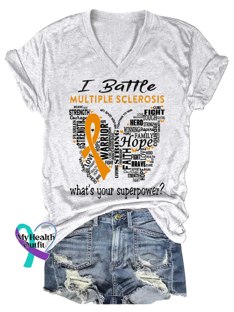 Women’s Ms Awareness Multiple Sclerosis Warrior Multiple Sclerosis Orange Ribbon V-neck Casual T-Shirt White / S
