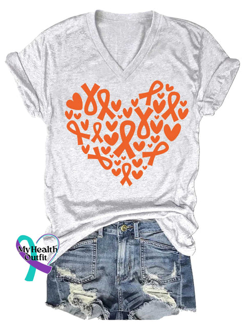 Women’s Ms Awareness Multiple Sclerosis Warrior Multiple Sclerosis Orange Ribbon V-neck Casual T-Shirt White / S