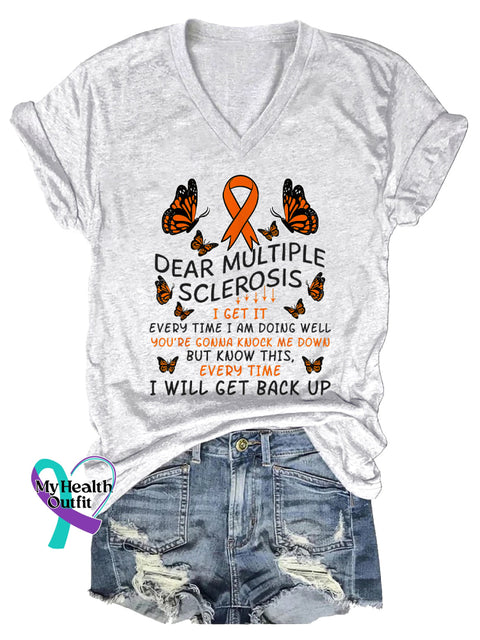 Women’s Ms Awareness Multiple Sclerosis Warrior Multiple Sclerosis Orange Ribbon V-neck Casual T-Shirt White / S