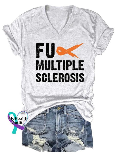 Women’s Ms Awareness Multiple Sclerosis Warrior Multiple Sclerosis Orange Ribbon V-neck Casual T-Shirt White / S
