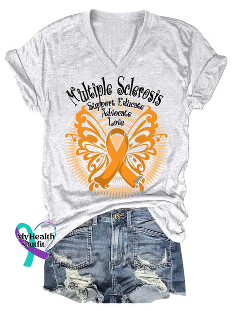 Women’s Ms Awareness Multiple Sclerosis Warrior Multiple Sclerosis Orange Ribbon V-neck Casual T-Shirt White / S