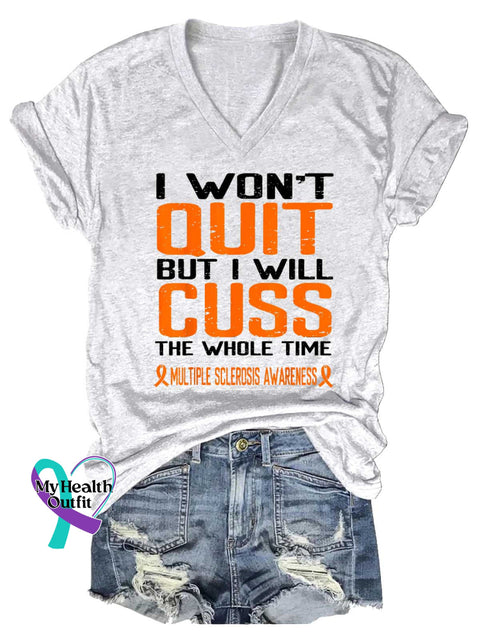 Women’s Ms Awareness Multiple Sclerosis Warrior Multiple Sclerosis Orange Ribbon V-neck Casual T-Shirt White / S