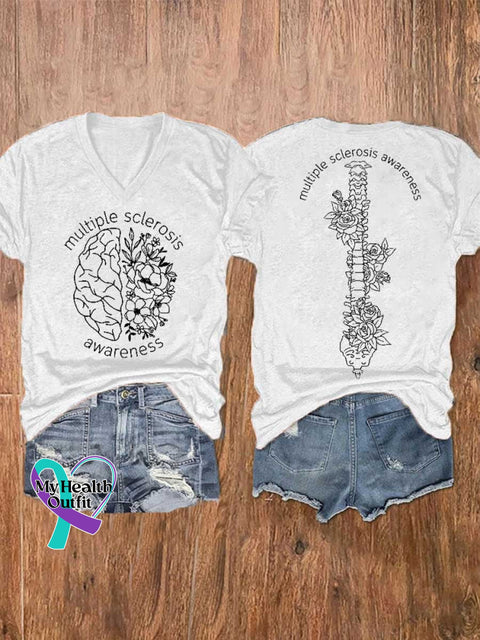 Women’s Ms Awareness Multiple Sclerosis Warrior Multiple Sclerosis Orange Ribbon V-neck Casual T-Shirt White / S