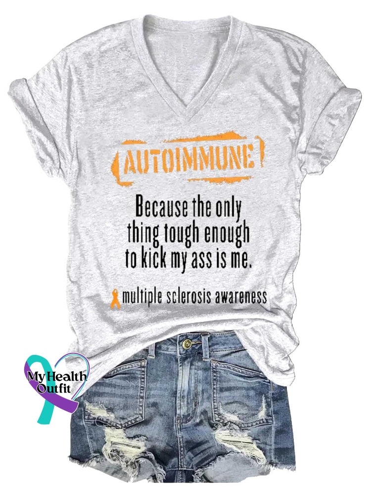 Women’s Ms Awareness Multiple Sclerosis Warrior Multiple Sclerosis Orange Ribbon V-neck Casual T-Shirt White / S