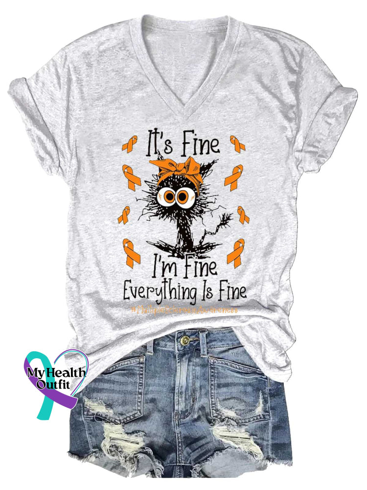 Women’s Ms Awareness Multiple Sclerosis Warrior Multiple Sclerosis Orange Ribbon V-neck Casual T-Shirt White / S