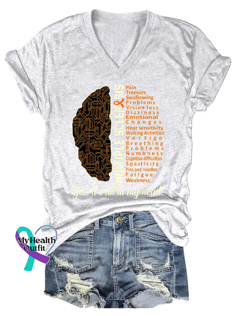 Women’s Ms Awareness Multiple Sclerosis Warrior Multiple Sclerosis Orange Ribbon V-neck Casual T-Shirt White / S