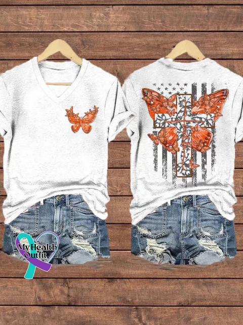 Women’s Ms Awareness Multiple Sclerosis Warrior Multiple Sclerosis Orange Ribbon V-neck Casual T-Shirt White / S