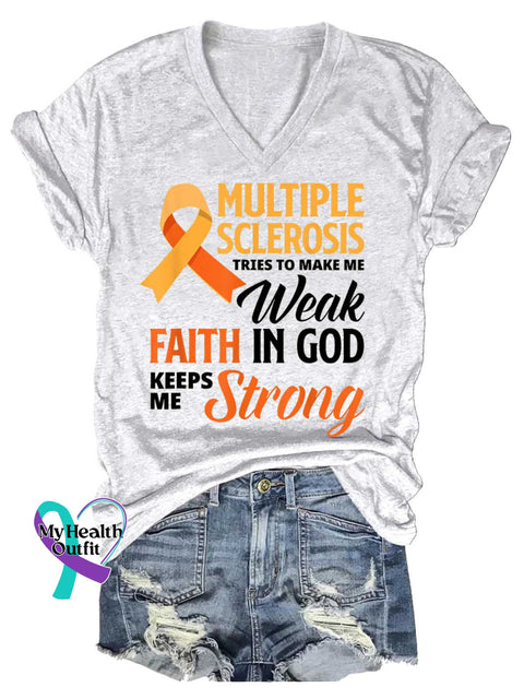 Women’s Ms Awareness Multiple Sclerosis Warrior Multiple Sclerosis Orange Ribbon V-neck Casual T-Shirt White / S