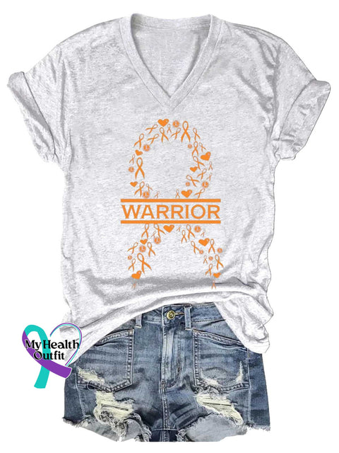Women’s Ms Awareness Multiple Sclerosis Warrior Multiple Sclerosis Orange Ribbon V-neck Casual T-Shirt White / S