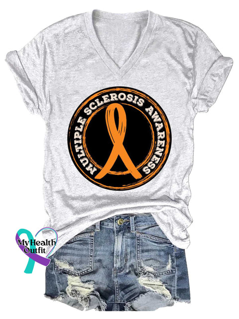 Women’s Ms Awareness Multiple Sclerosis Warrior Multiple Sclerosis Orange Ribbon V-neck Casual T-Shirt White / S