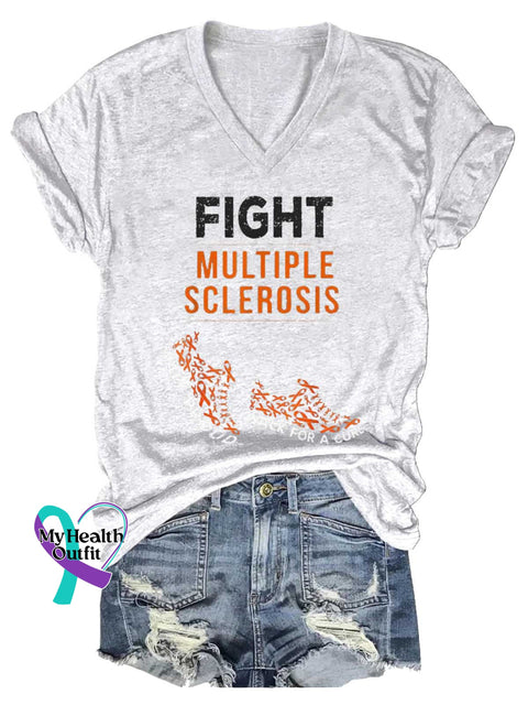 Women’s Ms Awareness Multiple Sclerosis Warrior Multiple Sclerosis Orange Ribbon V-neck Casual T-Shirt White / S