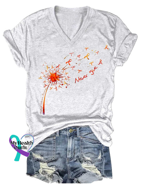 Women’s Ms Awareness Multiple Sclerosis Warrior Multiple Sclerosis Orange Ribbon V-neck Casual T-Shirt White / S