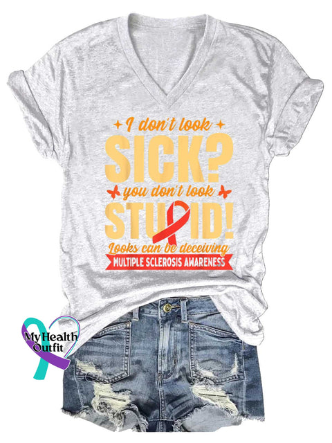 Women’s Ms Awareness Multiple Sclerosis Warrior Multiple Sclerosis Orange Ribbon V-neck Casual T-Shirt White / S