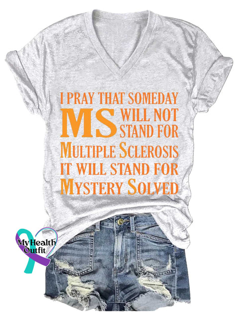 Women’s Ms Awareness Multiple Sclerosis Warrior Multiple Sclerosis Orange Ribbon V-neck Casual T-Shirt White / S