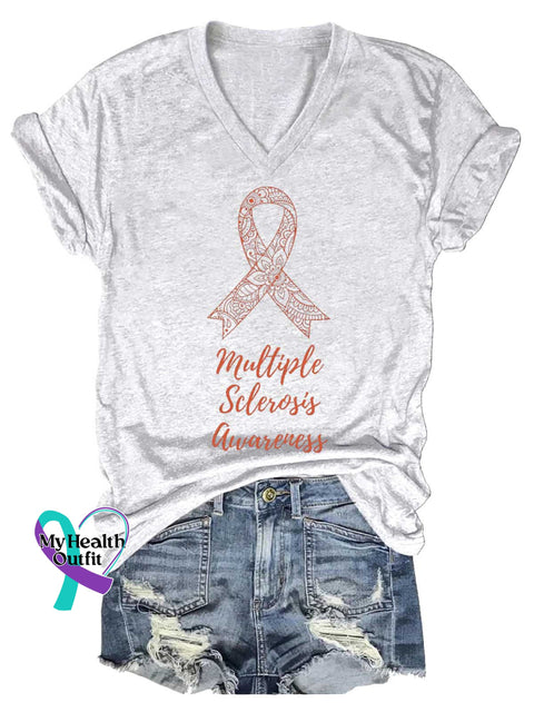 Women’s Ms Awareness Multiple Sclerosis Warrior Multiple Sclerosis Orange Ribbon V-neck Casual T-Shirt White / S