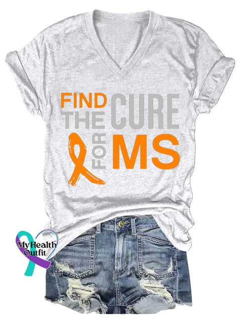 Women’s Ms Awareness Multiple Sclerosis Warrior Multiple Sclerosis Orange Ribbon V-neck Casual T-Shirt White / S