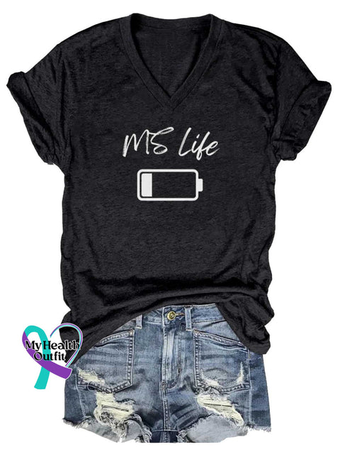 Women’s MS Life Ms Awareness Multiple Sclerosis Warrior Multiple Sclerosis Orange Ribbon V-neck Casual T-Shirt Black / S