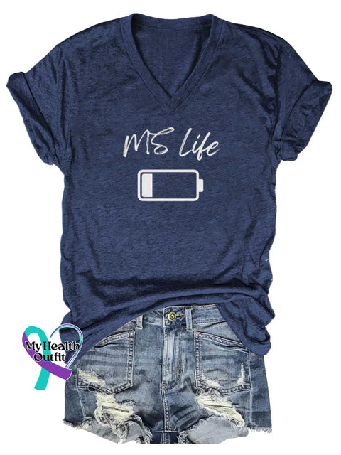 Women’s MS Life Ms Awareness Multiple Sclerosis Warrior Multiple Sclerosis Orange Ribbon V-neck Casual T-Shirt Blue / S
