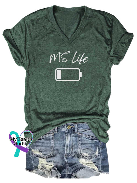 Women’s MS Life Ms Awareness Multiple Sclerosis Warrior Multiple Sclerosis Orange Ribbon V-neck Casual T-Shirt Green / S