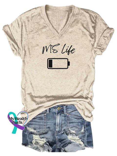 Women’s MS Life Ms Awareness Multiple Sclerosis Warrior Multiple Sclerosis Orange Ribbon V-neck Casual T-Shirt Sand / S
