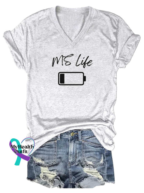 Women’s MS Life Ms Awareness Multiple Sclerosis Warrior Multiple Sclerosis Orange Ribbon V-neck Casual T-Shirt White / S