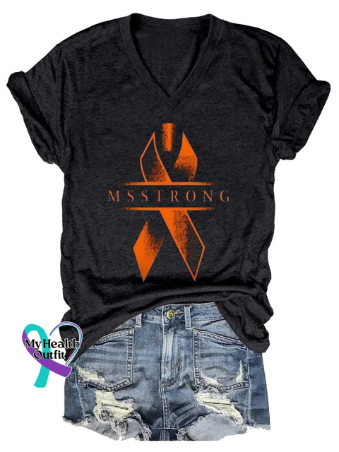 Women’s MS STRONG Ms Awareness Multiple Sclerosis Warrior Multiple Sclerosis Orange Ribbon V-neck Casual T-Shirt Black