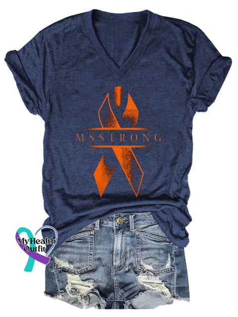 Women’s MS STRONG Ms Awareness Multiple Sclerosis Warrior Multiple Sclerosis Orange Ribbon V-neck Casual T-Shirt Blue