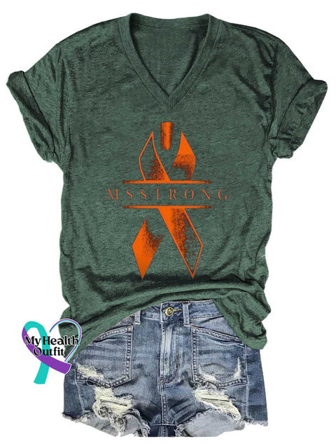 Women’s MS STRONG Ms Awareness Multiple Sclerosis Warrior Multiple Sclerosis Orange Ribbon V-neck Casual T-Shirt Green