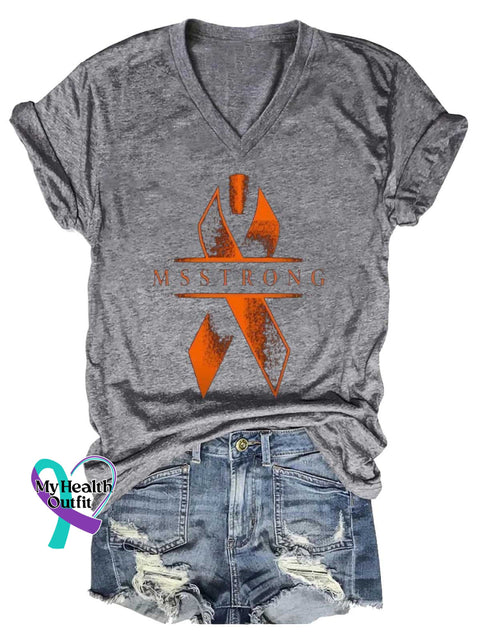 Women’s MS STRONG Ms Awareness Multiple Sclerosis Warrior Multiple Sclerosis Orange Ribbon V-neck Casual T-Shirt Grey