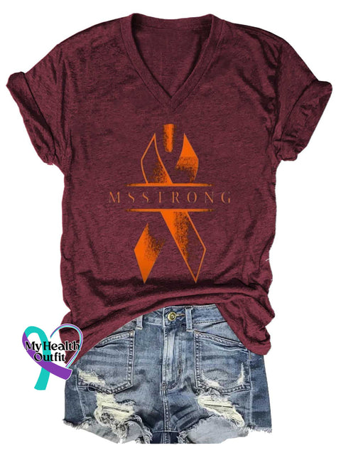 Women’s MS STRONG Ms Awareness Multiple Sclerosis Warrior Multiple Sclerosis Orange Ribbon V-neck Casual T-Shirt Red / S