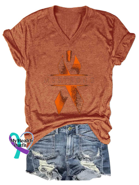 Women’s MS STRONG Ms Awareness Multiple Sclerosis Warrior Multiple Sclerosis Orange Ribbon V-neck Casual T-Shirt Orange