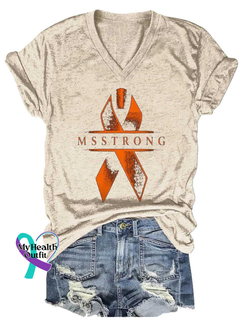 Women’s MS STRONG Ms Awareness Multiple Sclerosis Warrior Multiple Sclerosis Orange Ribbon V-neck Casual T-Shirt Sand