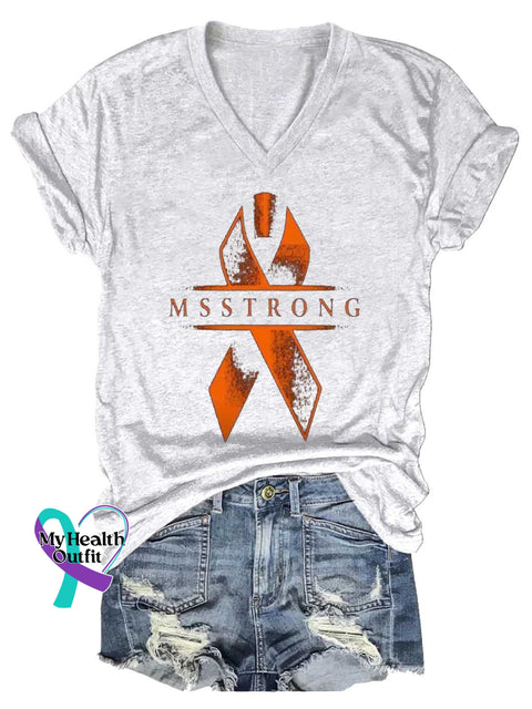Women’s MS STRONG Ms Awareness Multiple Sclerosis Warrior Multiple Sclerosis Orange Ribbon V-neck Casual T-Shirt White