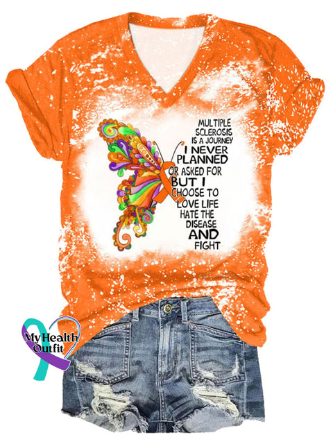 Women’s Multiple Sclerosis Awareness Butterfly Print V-Neck T-Shirt
