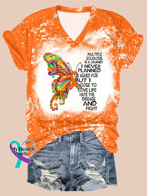 Women’s Multiple Sclerosis Awareness Butterfly Print V-Neck T-Shirt Orange / S