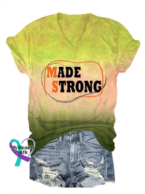 Women’s Multiple Sclerosis Awareness Made Strong Print V Neck T-Shirt Yellow / S