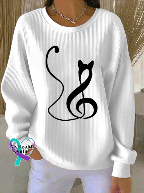 Women’s Music Note Inspired Cat Print Sweatshirt White / S