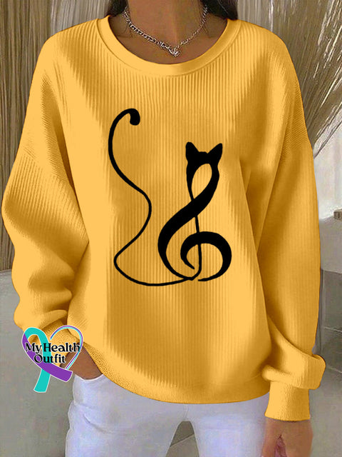 Women’s Music Note Inspired Cat Print Sweatshirt Yellow / S