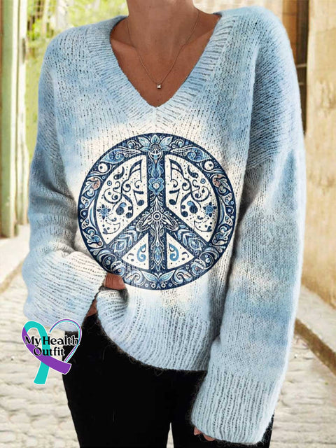 Women’s Hippie Music Casual V-Neck Pullover Knit Sweater Multicolor / M