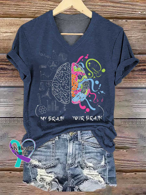 Women’s My Brain Your Brain Neurodiversity Brain Gift Idea for Dyslexia ADHD Autism V-neck Casual T-Shirt Blue / S