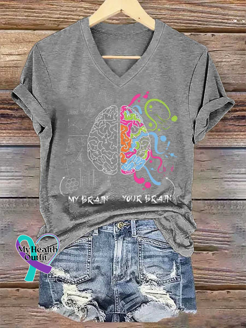 Women’s My Brain Your Brain Neurodiversity Brain Gift Idea for Dyslexia ADHD Autism V-neck Casual T-Shirt Grey / S