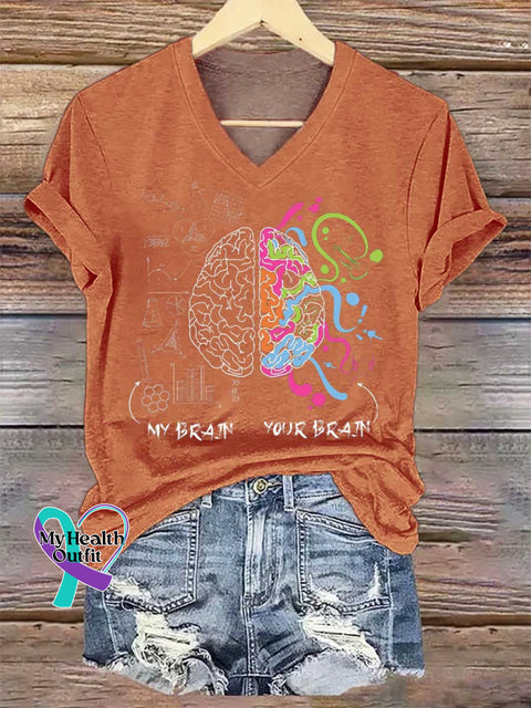 Women’s My Brain Your Brain Neurodiversity Brain Gift Idea for Dyslexia ADHD Autism V-neck Casual T-Shirt Orange / S